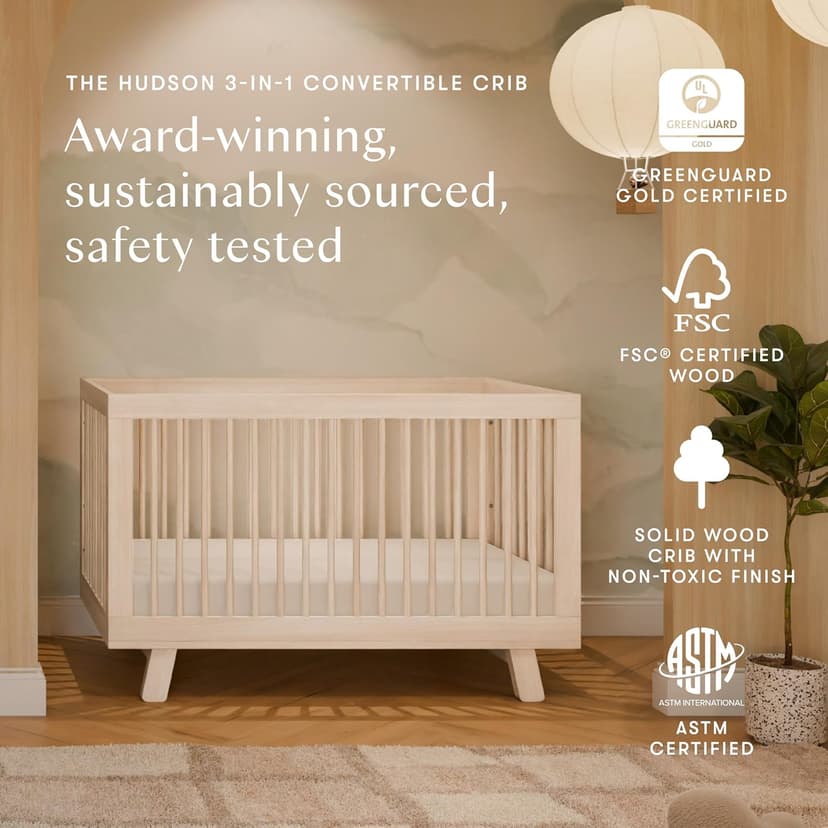 Babyletto Hudson 3-in-1 Convertible Baby Crib - GREENGUARD Gold Certified - Convertible Crib to Toddler Bed and Daybed - Baby Bed with 4 Adjustable Heights - Wooden Crib - Washed Natural
