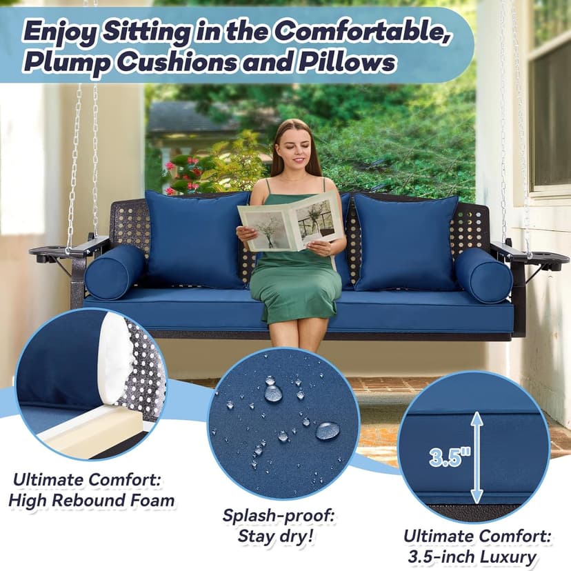 3 Seat Porch Swing, Patio Swing Bench with Cup Holders & 3 Back Cushions, Swing Chair with Chains for Deck Garden Backyard,Blue