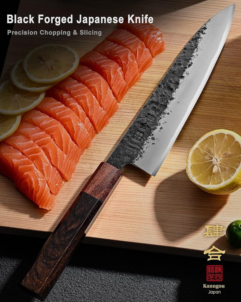 8.27 Inch Japanese Chef Knife, 210MM Black Forged Japanese Knife with Red Sandalwood and Eboy Wood Handle, Gyuto Chefs Knives with Premium Gift Box (WA Series)