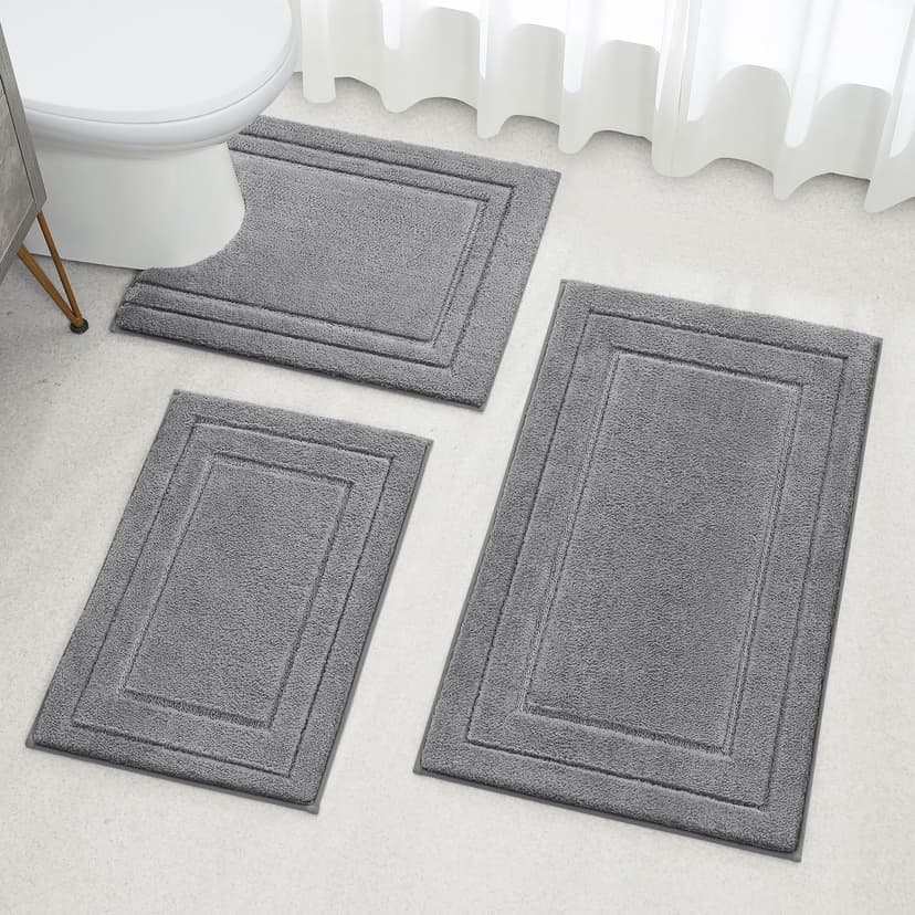 HOMEIDEAS Bathroom Rugs Sets 3 Piece, Super Soft and Absorbent Non Slip Microfiber Toilet Bath Mat with U-Shaped (Grey)