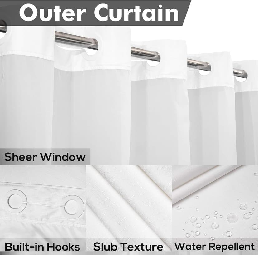 No Hook Slub Textured Shower Curtain with Snap-in PEVA Liner Set - 71" x 74"(72"), Hotel Style with See Through Top Window, Fabric Outer Curtain & Waterproof Inner Liner, White, 71x74
