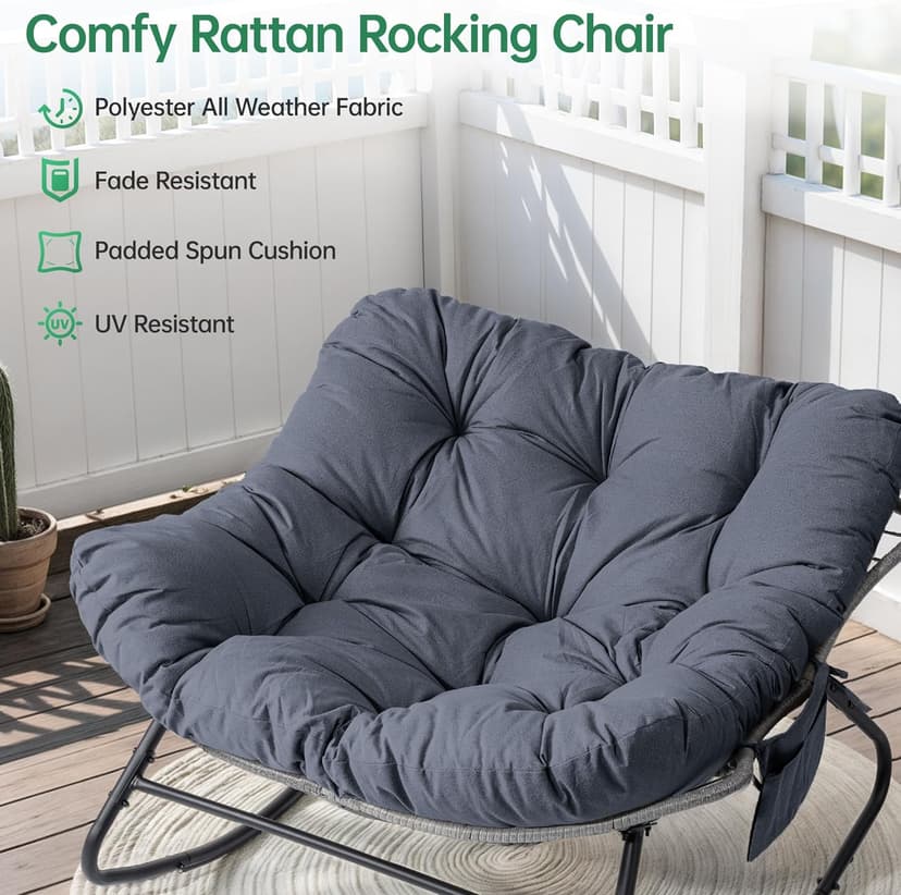 LotFun Papasan Rocking Chair, Outdoor Patio Rocking Chairs with Thick Cushion and Removable Side Pockets, Oversized Rocker Egg Chair for Bedroom, Porch, Garden (Dark Grey, 33" W x 40" D x 28" H)
