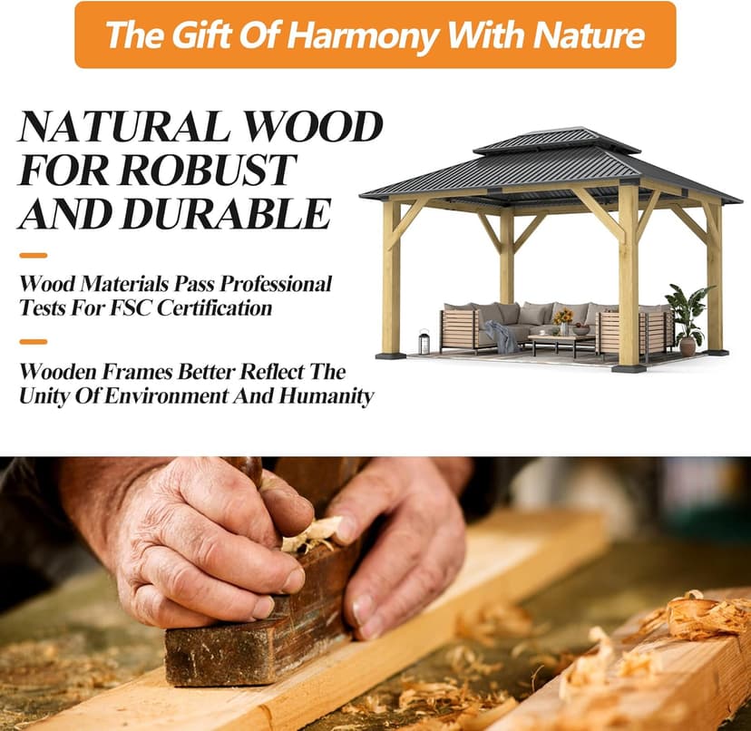 10' x 12' Outdoor Wooden Gazebo - Patio Hardtop Gazebo Permanent Wooden Pavilion with Galvanized Steel Double Roof, Wood Gazebos for Garden, Lawn, Poolside, Backyard Deck