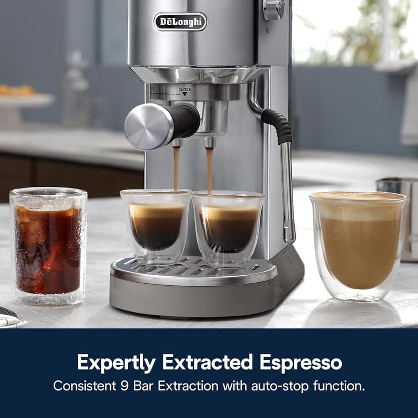 De'Longhi Dedica Duo Compact Espresso Machine - Stainless Steel Coffee Maker with Milk Frother Wand- for Espresso, Cold Brew, Hot & Iced Coffee, Cappuccinos, Lattes & Home Barista Brewing
