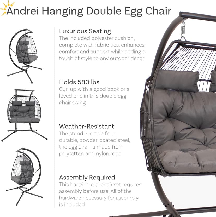 Sunnydaze Andrei Double Hanging Egg Chair with Stand - 2-Person Outdoor Egg Chair - Includes Steel Stand and Cushion - Dark Gray