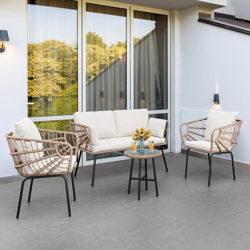 YITAHOME 3-Piece Outdoor Wicker Patio Conversation Bistro Set, All-Weather Furniture Set with Table & Cushions, Outdoor Sectional Sofa for Balcony, Backyard, Deck, Beige