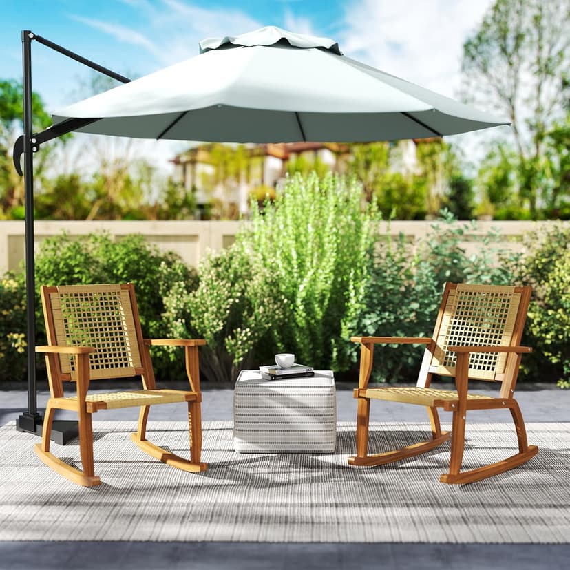 Outsunny Outdoor Rocking Chair Set of 2, Acacia Wood Outdoor Rockers with Armrests, Rattan Wicker Back and Seat, Patio Wooden Rocking Chair Set for Garden, Balcony, Porch, Khaki
