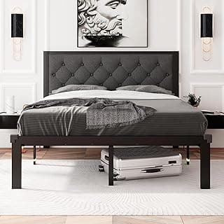 Feonase Full Size Metal Bed Frame, Heavy-Duty Platform Bed Frame with Linen Upholstered Headboard, 12" Storage Space, Steel Slats Support, No Box Spring Needed, Gray