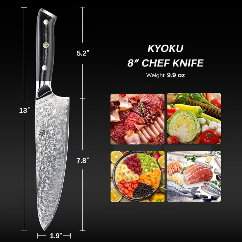 KYOKU Chef Knife - 8"- Shogun Series Japanese VG10 Steel Core Hammered Damascus Blade Kitchen Knife - with Sheath & Case