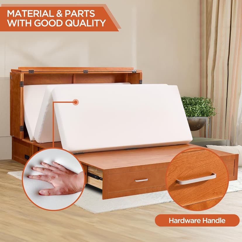 Queen Murphy Bed with Tri-Folding Mattress, Space-Saving Queen Size Wall Bed Built-in Charging Station, Foldable Murphy Bed Cabinet with 2 Storage Drawers for Bedroom, Guest Room, Cherry