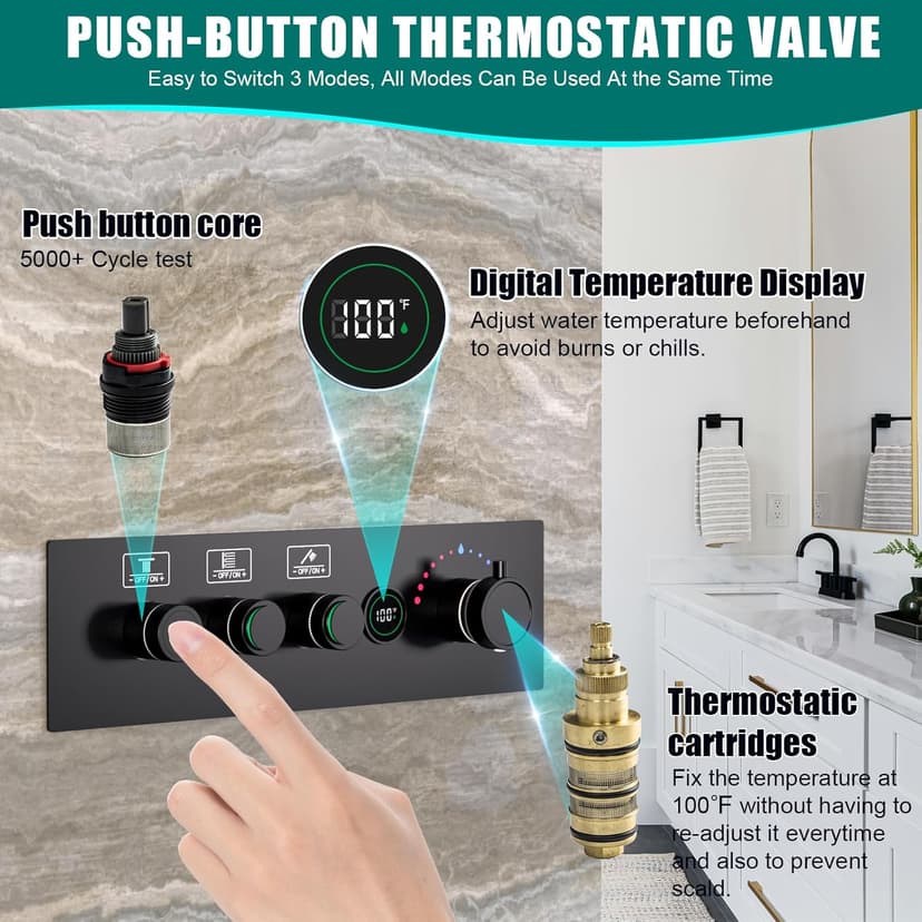 Enga Temperature Display Shower System with Dual Shower Heads, 16" + 6" Dual Rain Shower System, Push-button Valve Thermostatic Shower Faucet Set, Can All Run Together & Flow Adjustable, Matte Black