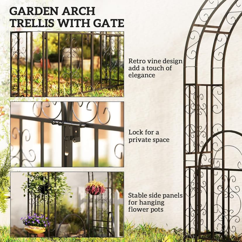 Outsunny 7.4ft Steel Garden Arch with Gate, Garden Arbor Trellis for Climbing Plants, Roses, Vines, Wedding Arch Stand for Outdoor, Garden, Lawn, Backyard, Black