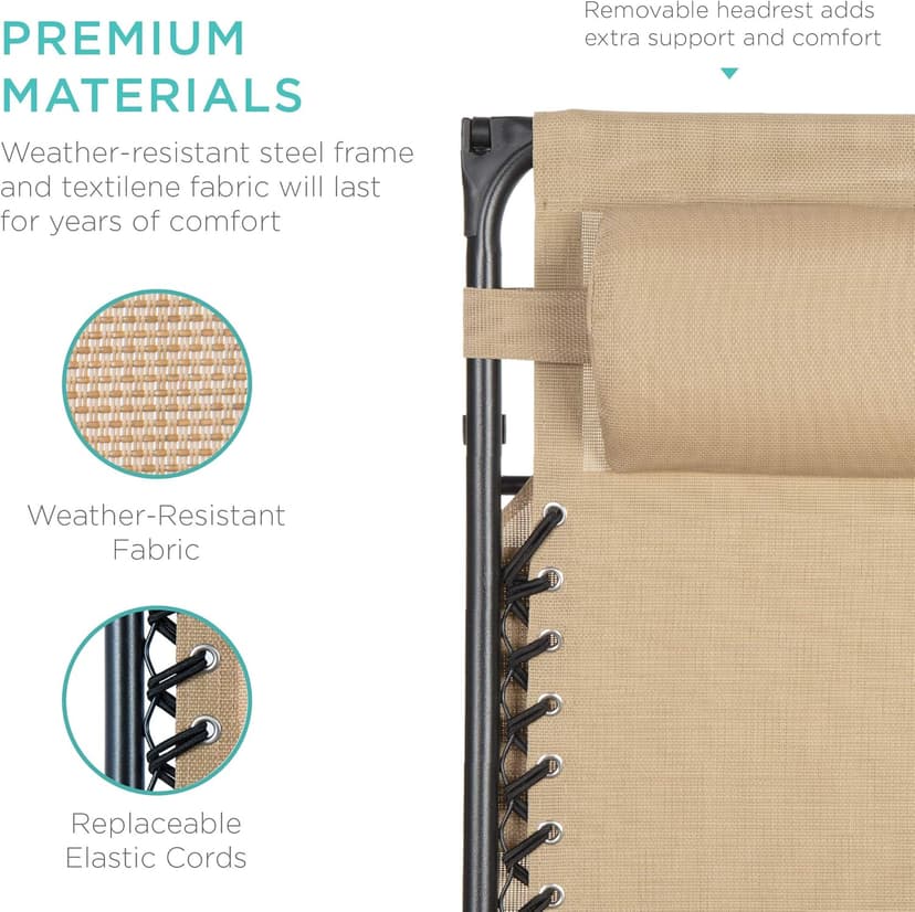 Best Choice Products Folding Zero Gravity Outdoor Recliner Patio Lounge Chair w/Adjustable Canopy Shade, Headrest, Side Accessory Tray, Textilene Mesh - Beige