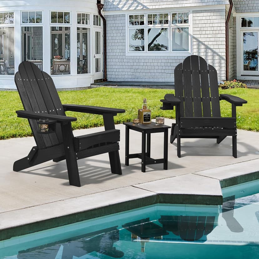 LUE BONA Folding Adirondack Chair Set of 4, Black HDPS Fire Pit Patio Chairs Weather Resistant, Modern Plastic Outdoor Chairs with Cup Holder