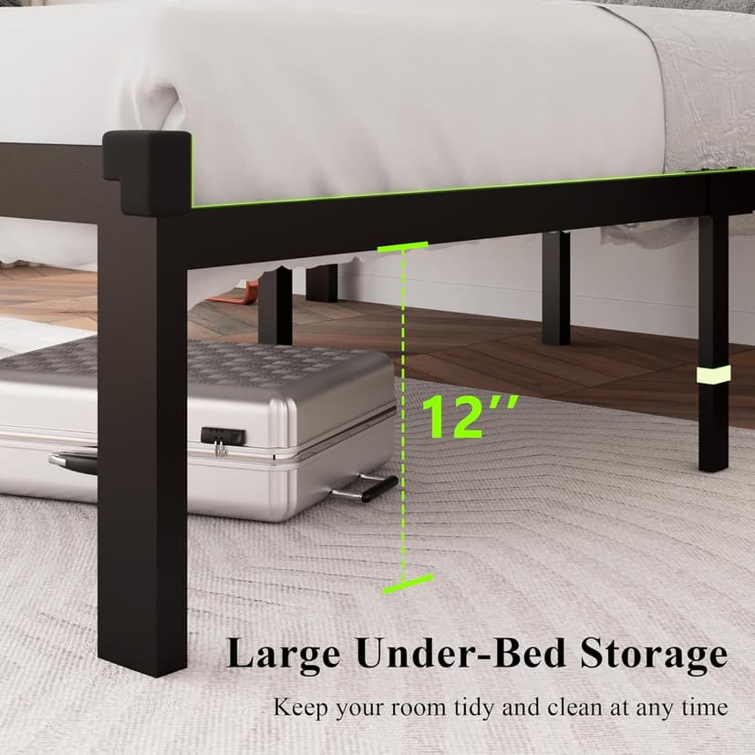 Feonase Full Size Metal Bed Frame, Heavy-Duty Platform Bed Frame with Linen Upholstered Headboard, 12" Storage Space, Steel Slats Support, No Box Spring Needed, Gray