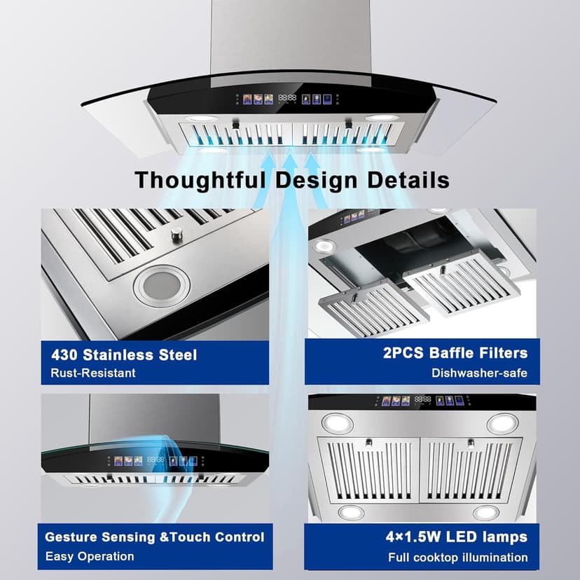 Island Range Hood 30 Inch 700 CFM Ceiling Mount Kitchen Vent Hood Tempered Glass with Color Gesture Sensing & Touch Control, 3 Speed Fan, 4 LED Lights, Permanent Filters