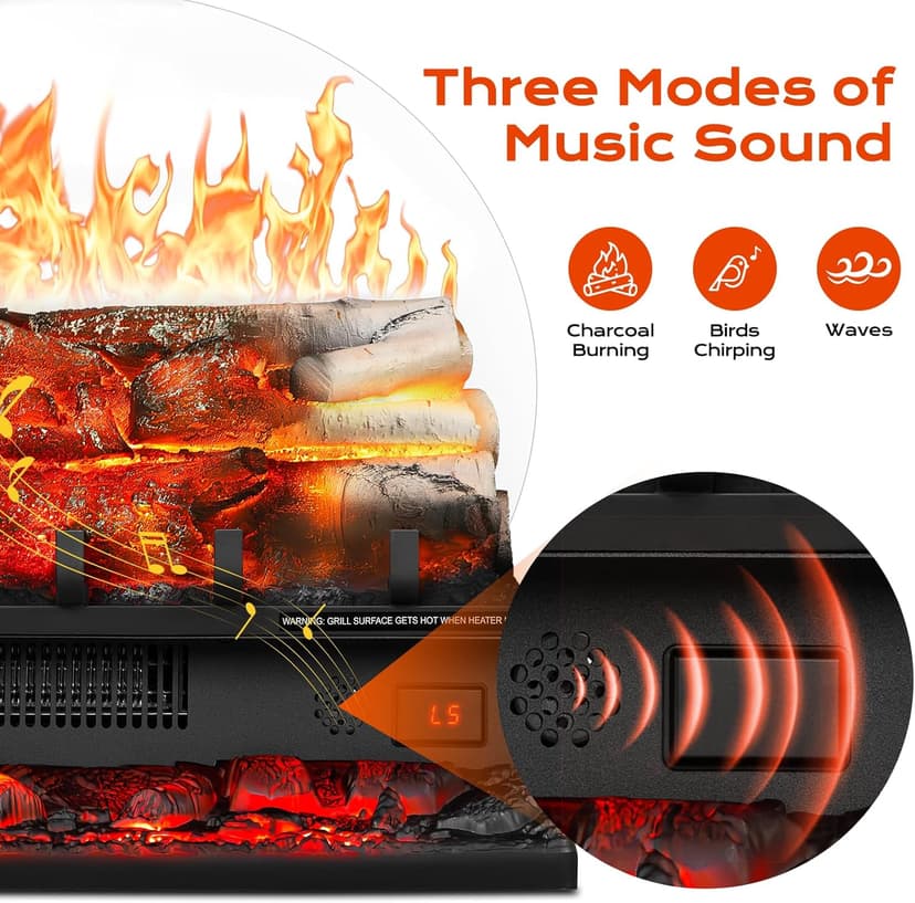 Electric Fireplace Log Heater 750W/1500W, 20" Electric Fireplace Insert with Adjustable 5 Flame Brightness&Speed/3 Music Sounds/Remote Control/8Hrs Timer for Home, Room, Office Decor