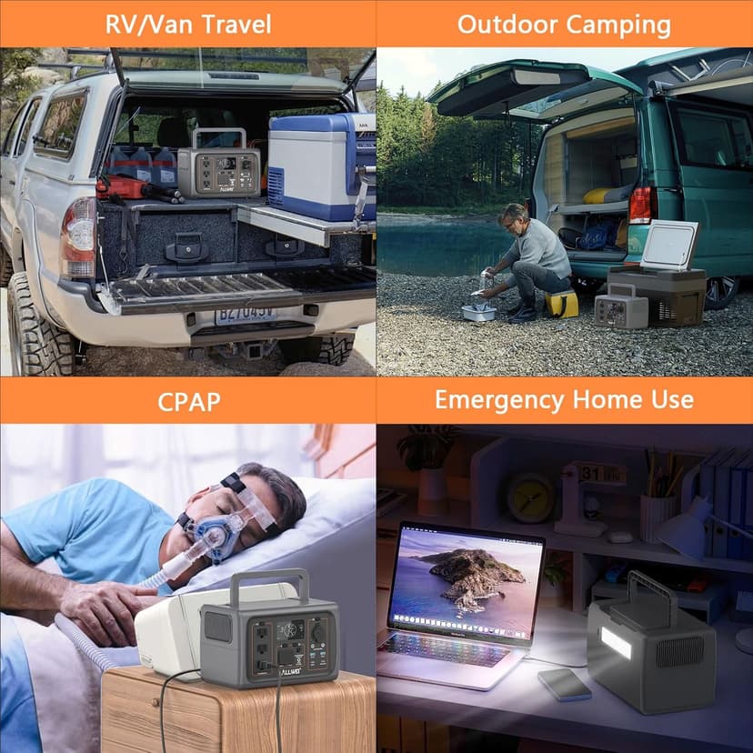 ALLWEI Portable Power Station 500W, 512Wh LiFePO4 Battery, UPS Function, 2.5Hrs Fast Charge, 3 AC Outlets(Surge 1000W), Solar Generator for Outdoor Camping RV CPAP Home Emergency