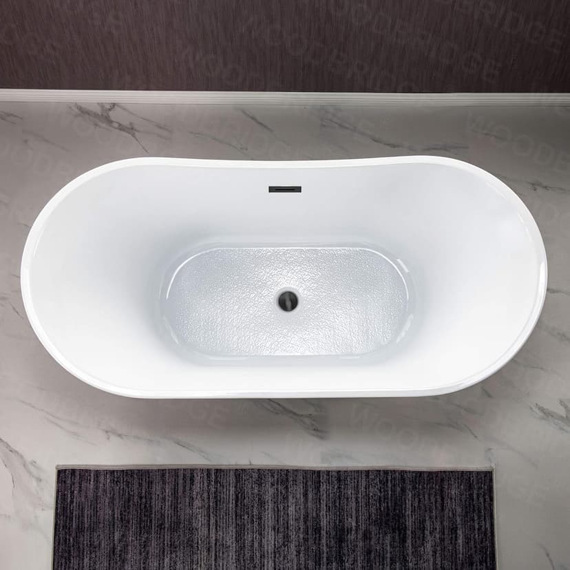 WOODBRIDGE 59" Acrylic Freestanding Bathtub Contemporary Soaking White Tub with Matte Black Overflow and Drain，B0016 -MB-Drain &O