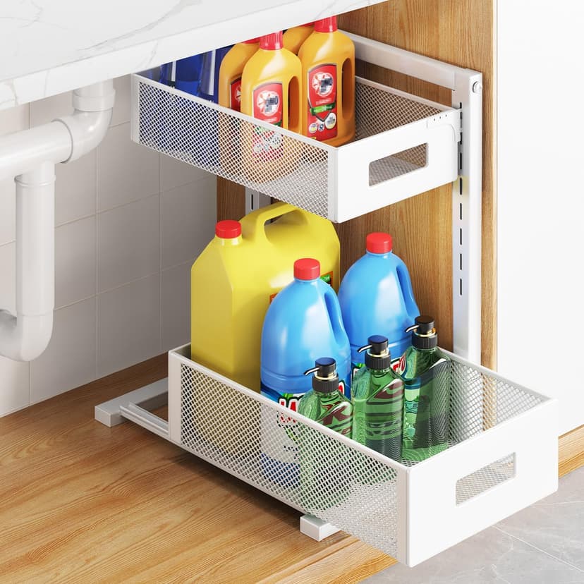 Pull-out Under Kitchen Sink Organizer, Metal Functional Under Sink Organizer, Height Adjustable Under Bathroom Sink Organizer, Under Sink Storage for Kitchen Bathroom Cabinet (White)