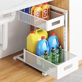 Pull-out Under Kitchen Sink Organizer, Metal Functional Under Sink Organizer, Height Adjustable Under Bathroom Sink Organizer, Under Sink Storage for Kitchen Bathroom Cabinet (White)