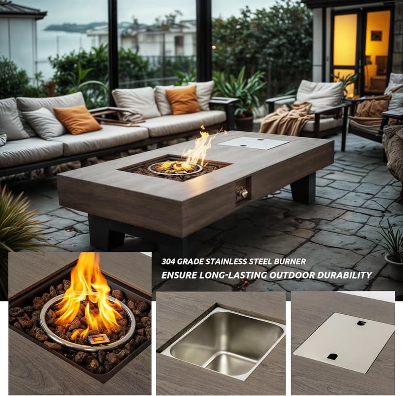 Propane Fire Pit,Outdoor Gas Fire Pit Table with Rain Cover,Rectangular Heater for Patio, Backyard, Deck,50,000BTU Outdoor Modern Patio Fire Pit (Wood, 54)
