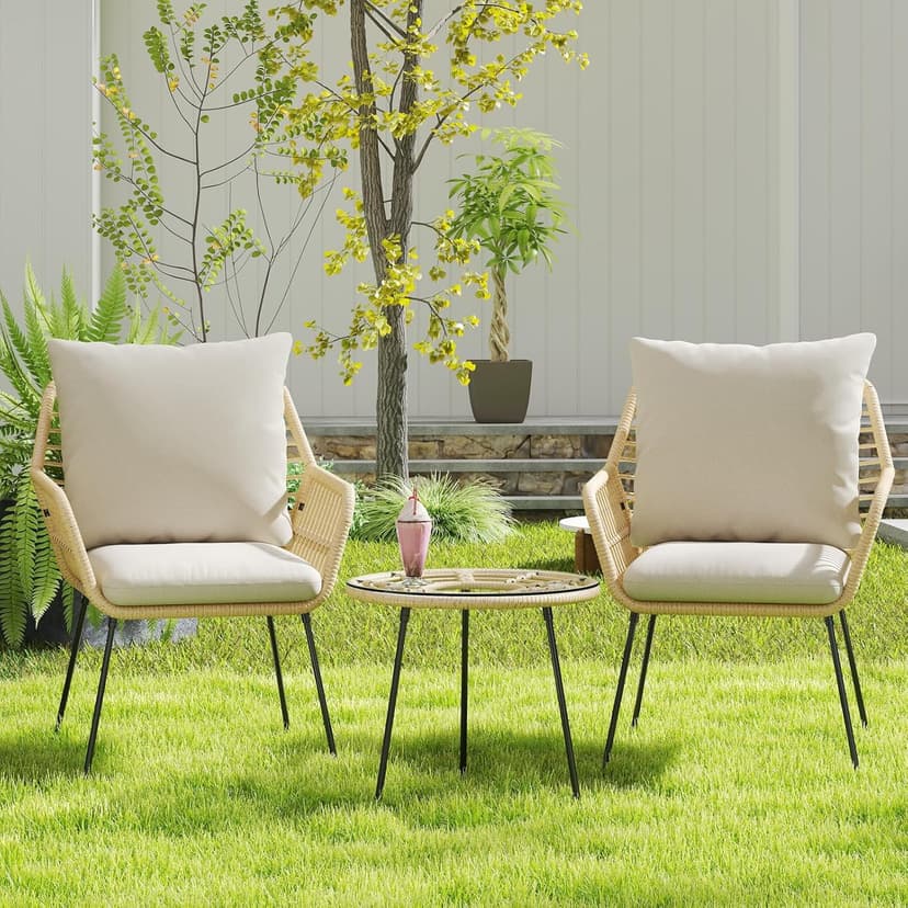 3 Pieces Outdoor Bistro Set, Bistro Set Outdoor with Glass Top Table, Patio Wicker Furniture Set 3 Piece, Rattan Conversation Set for Balcony, Lawn, Garden, Backyard, Poolside, Beige