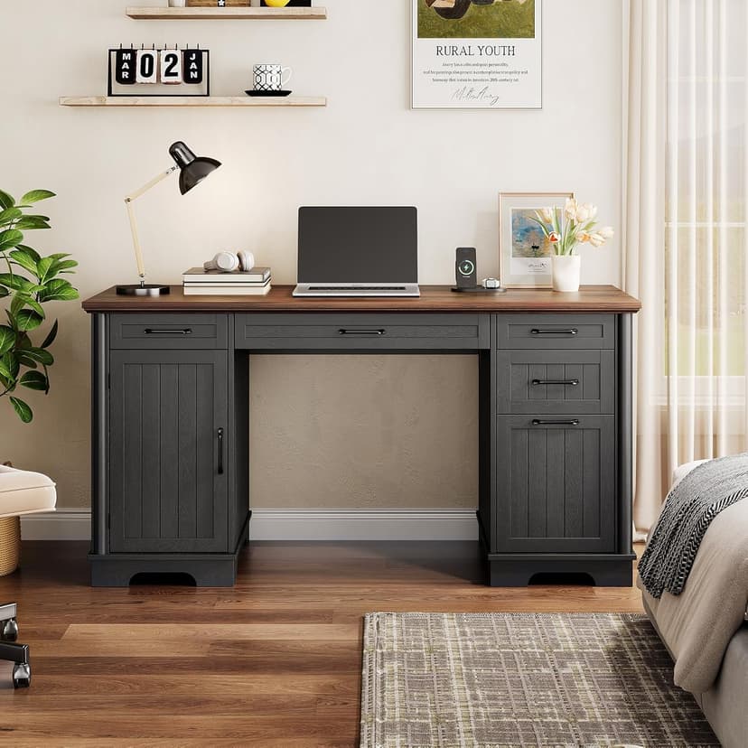 56" Large Modern Executive Desk, Farmhouse Computer Desk with File Drawers, Wood Home Office Desks with Charging Station, Adjustable Shelf, Storage Cabinet, for Writing Work Study (Black)