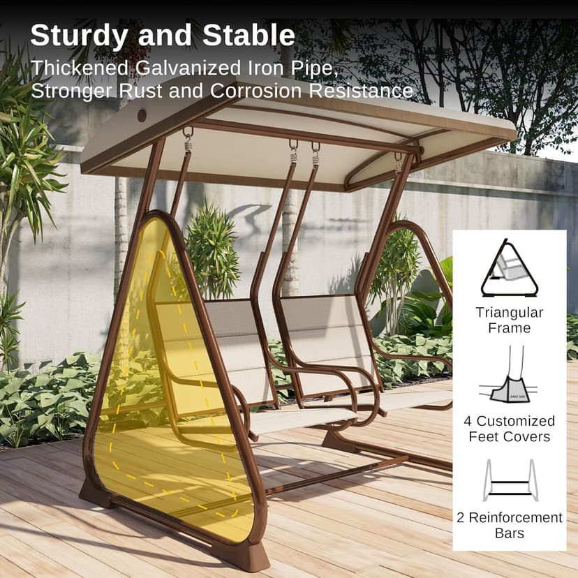 EAST OAK 2-Person Outdoor Porch Swing with Adjustable Canopy, Patio Swing Chair with Comfortable and Breathable Seats, Independent Swing Chairs for Garden, Balcony, Backyard, Chestnut Brown