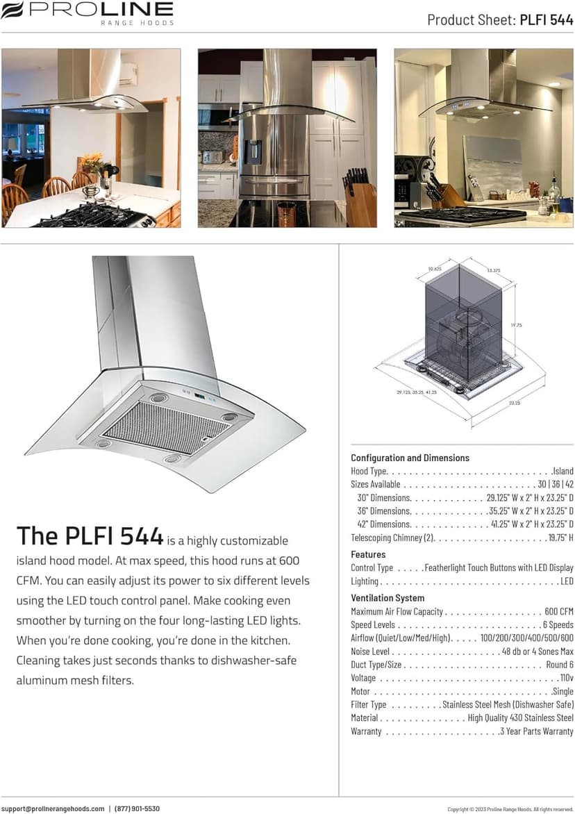 PROLINE 30-Inch Island Range Hood, Ducted, 600 CFM, Stainless Steel, LED Lights, ULTRA-QUIET Blower Motor, 6 Speed, 3-Year Warranty, Dishwasher-Safe Filters, PLFI 544.30, Kitchen Hood