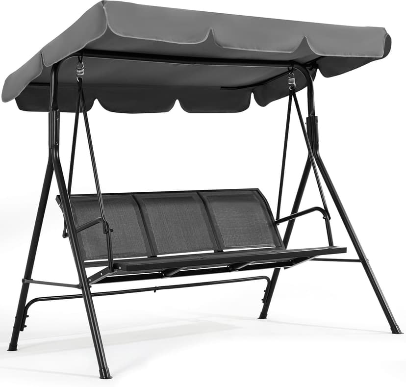 Yaheetech Outdoor Patio Swing Chair, 3-Seat Patio Sunset Hanging Swing Glider w/Adjustable Canopy & Texteline Fabric & Armrests, Outdoor Love Seat Bench for Patio/Garden/Yard/Porch, Gray