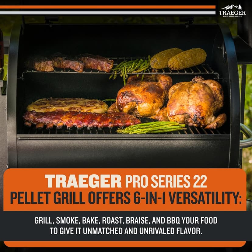 Traeger Grills Pro 22 Wood Pellet Grill & Smoker, Electric Pellet Smoker Grill Combo, 6-in-1 BBQ Versatility, 572 sq. in. Grilling Capacity, Meat Probe, 450 Degree Max Temperature, 18LB Hopper, Bronze