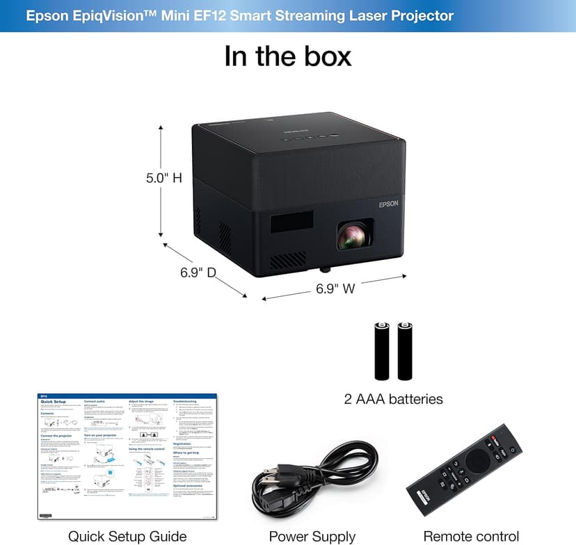 Epson EpiqVision Mini EF12 Smart Streaming Laser Projector, HDR, Android TV, Movies, Family Gaming, Portable, sound by Yamaha, 3LCD, Full HD 1080p, 1000 lumens Color & White Brightness Bluetooth Black