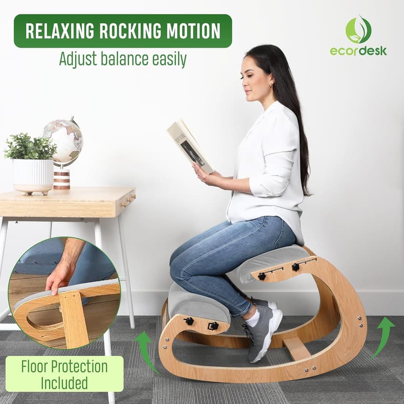 Ergonomic Kneeling Chair, Adjustable Seat - Office Chair for Desk, Posture Corrector, Premium Comfort Cushion, Wooden Rocking Knee Chair (Grey)