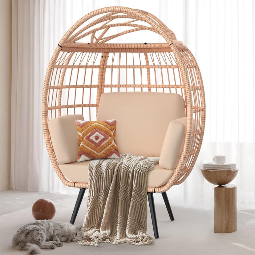 ZENPETIO Oversized Egg Chair, Indoor Outdoor Lounger with 4 UV Resistant Cushions, Storage Bag, All-Weather Wicker Egg Lounger Chair for Patio, Backyard, Living Room, 370lbs Capacity - Brown
