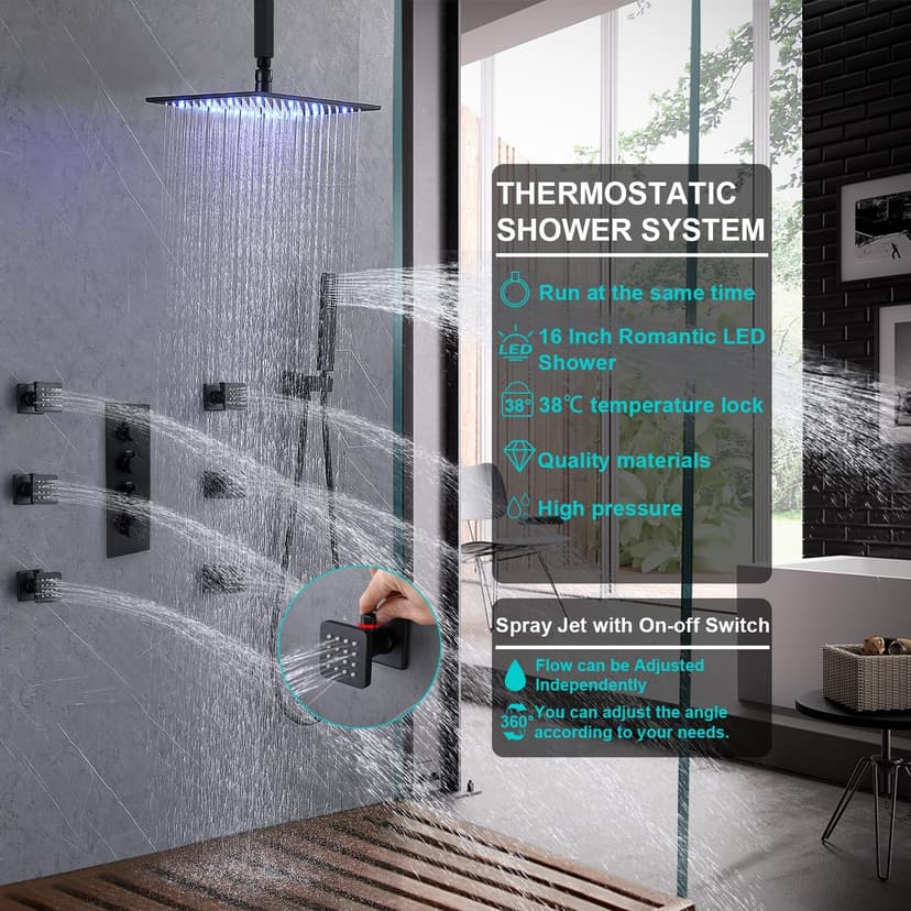 Full Body Rain Shower System - 16inch Matte Black LED Rain Shower Thermostatic Faucet Set - Spray Jet with On-off Switch, Can Run Together