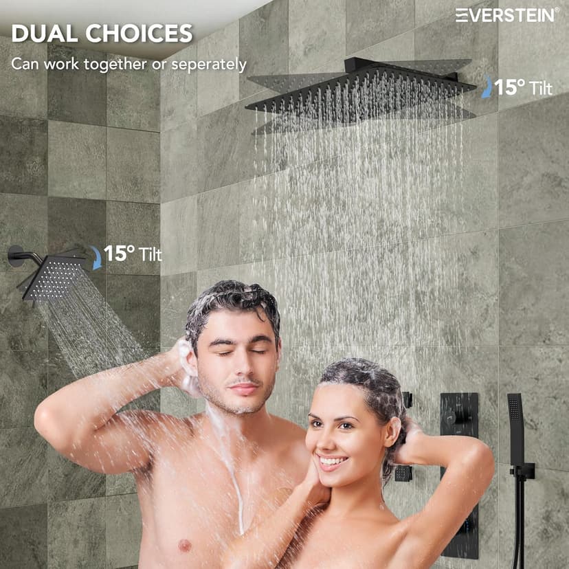Thermostatic Shower system with 6 Body Jets, 16, 6 in. Bathroom Shower Set Wall Mount Dual Shower Head Faucet in Matte Black