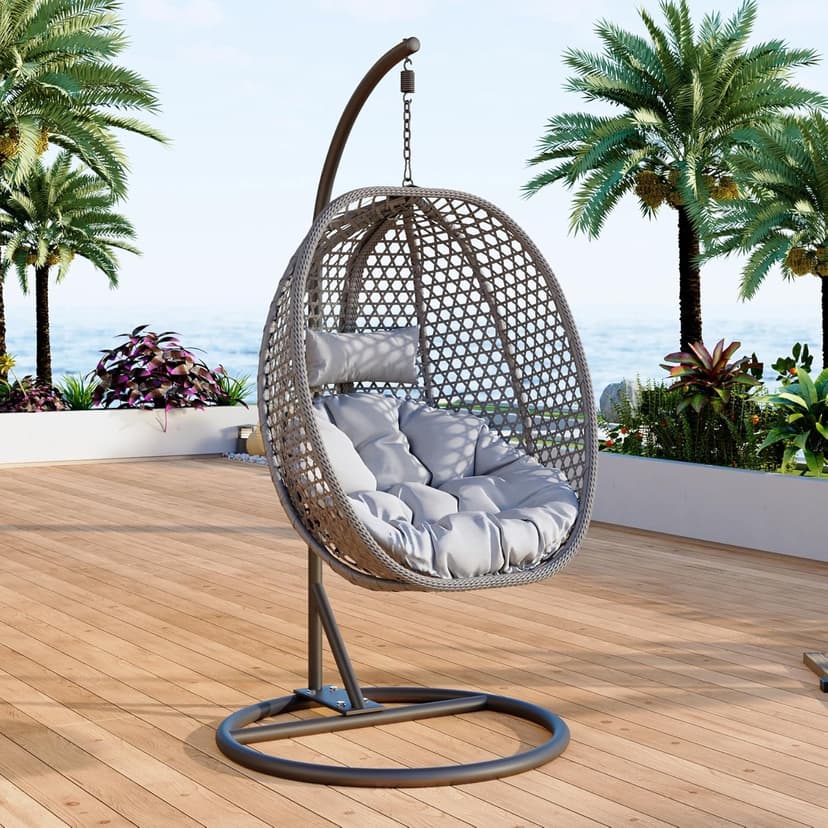 Egg Swing Chair Outdoor with Stand, Hanging Egg Rattan Basket Chair with Cushion and Pillow, Lounge Chairs, Foldable Basket and Metal Stand for Porch, Patio, Bedroom, Balcony,Yard (Grey)