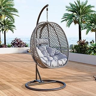 Egg Swing Chair Outdoor with Stand, Hanging Egg Rattan Basket Chair with Cushion and Pillow, Lounge Chairs, Foldable Basket and Metal Stand for Porch, Patio, Bedroom, Balcony,Yard (Grey)