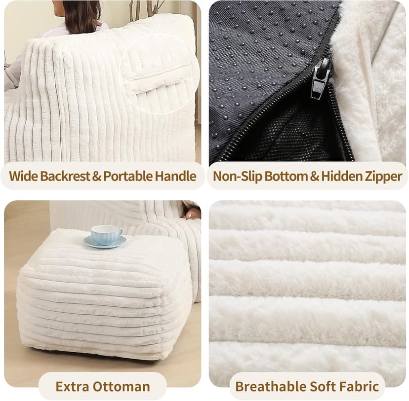 Comfy Gaint Bean Bag Chair with Ottoman, Fluffy Huge Bean Bag Armchair for Adults and Teens, Cream