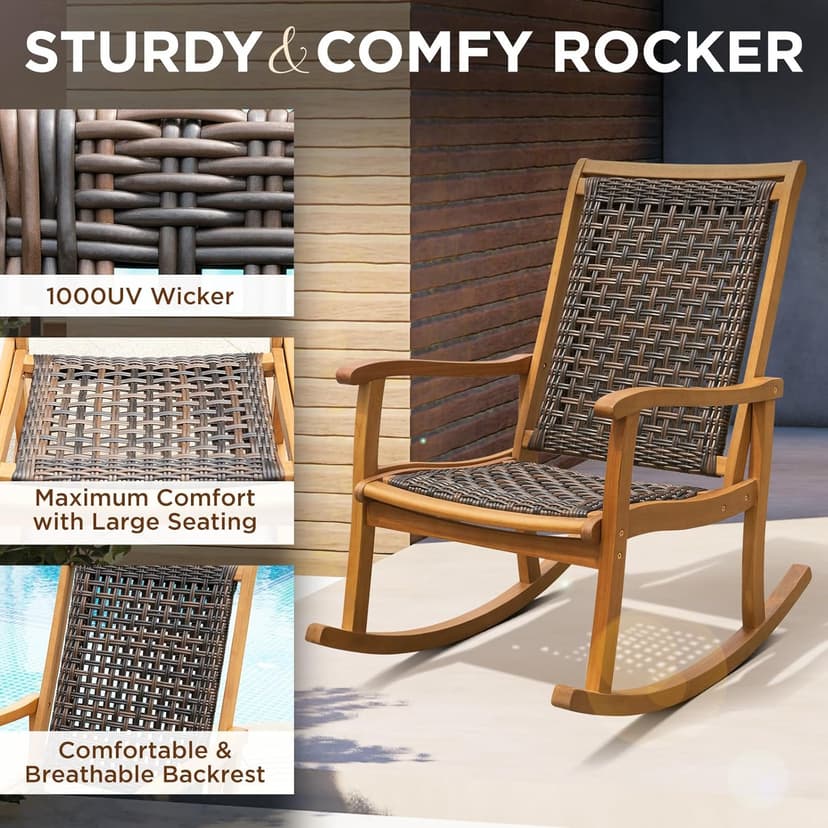 IDZO Wood Wicker Rocking Chair, 400 lbs Capacity, Durable Eucalyptus Wood, Natural Finish, Comfortable Curvy Design, Ideal for Deck, Patio Furniture, and Outdoor Furniture Accent Chair