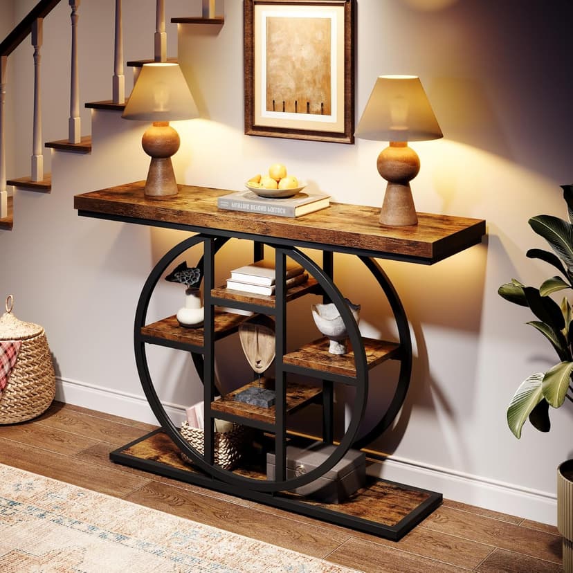 41" Console Table for Entryway, 4-Tier Industrial Narrow Wood Sofa Accent Tables with Circle Storage Shelves for Living Room, Hallway, Foyer (Rustic Brown)