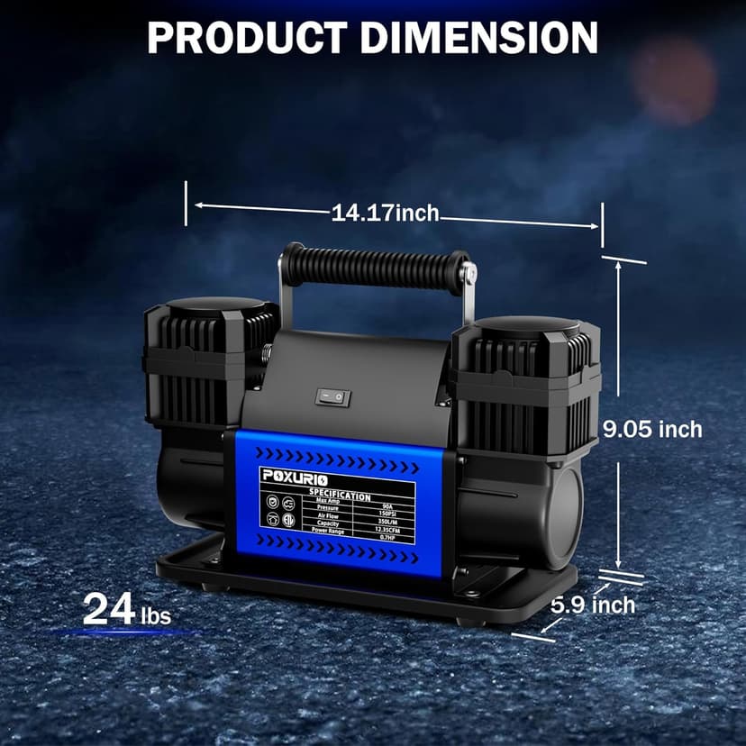 Offroad Air Compressor, 12.35CFM Dual Cylinder Portable Air Inflator, 12V 150 PSI Heavy Duty Tire Inflator Pump for Truck Tires, 4x4 Vehicle, RV, Motorcycle