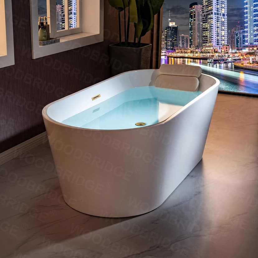 WOODBRIDGE 71" Acrylic Freestanding Bathtub Contemporary Soaking White Tub with Brushed Gold Overflow and Drain,B1701-BG