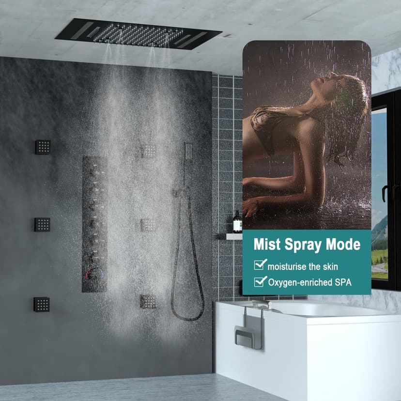 HOMEDEC LED Multi Functions Full Body Shower System with 6pcs Body Jets Spray with（Up/Down ）Shower Spout, Large 3 In 1 Functions 14x20inch Showerhead, Rainfall Mist Shower Faucet Set Complete, Black