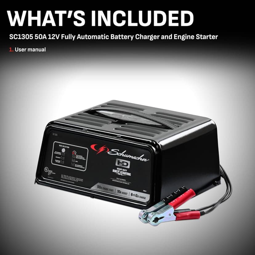 Schumacher Electric 6A Battery Charger and 50A Engine Starter, 4-in-1 Solution for 12V Batteries, Battery Maintainer, 10A Boost, SC1305, for Car, SUV, Truck, and Marine Batteries