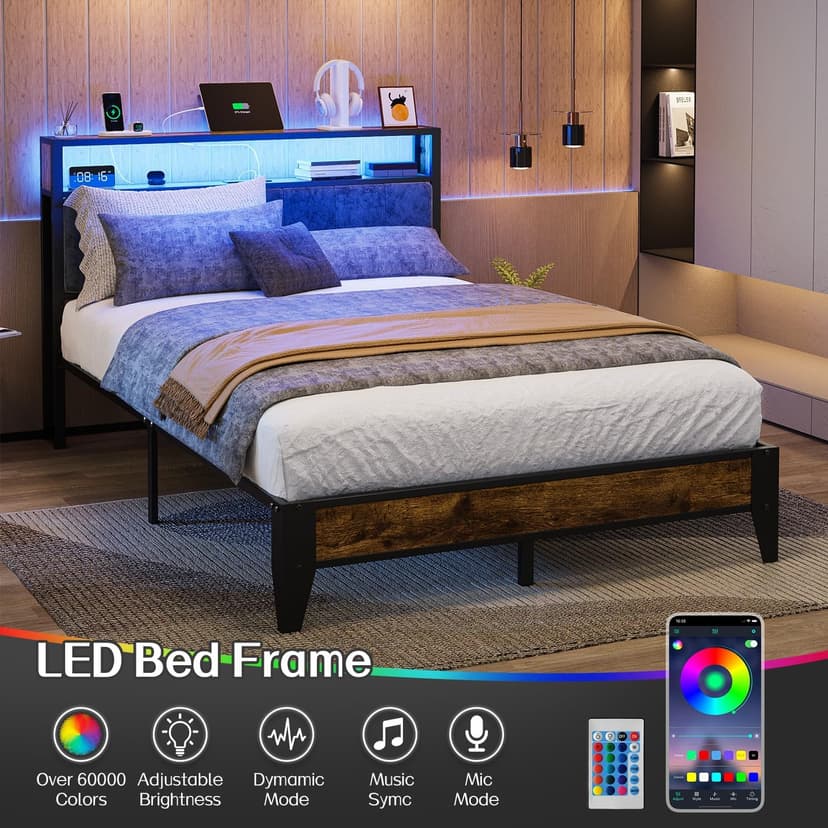 OLEVS Full Bed Frame with Headboard, Metal Platform Bed Full Size with 2-Tier Storage, LED Light & Charging Station Type C, No Box Spring Needed