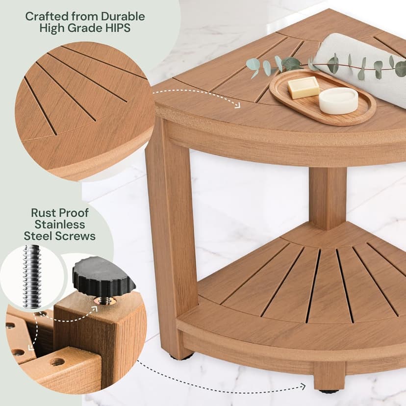Waterproof Corner Shower Stool - Brown Waterproof Shower Bench for Shaving Legs & to Sit On - Easily Assembled Corner Bench & Shelf - Restroom Organizer - Bathroom Stool