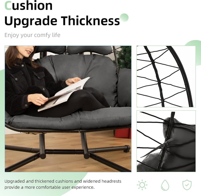 Double Egg Chair wth Stand Hammock Swing Chair Foldable Hanging Loveseat, UV Resistant Removable Cushions, 700LBS Capacity for Bedroom, Balcony, Garden(BK-GR)