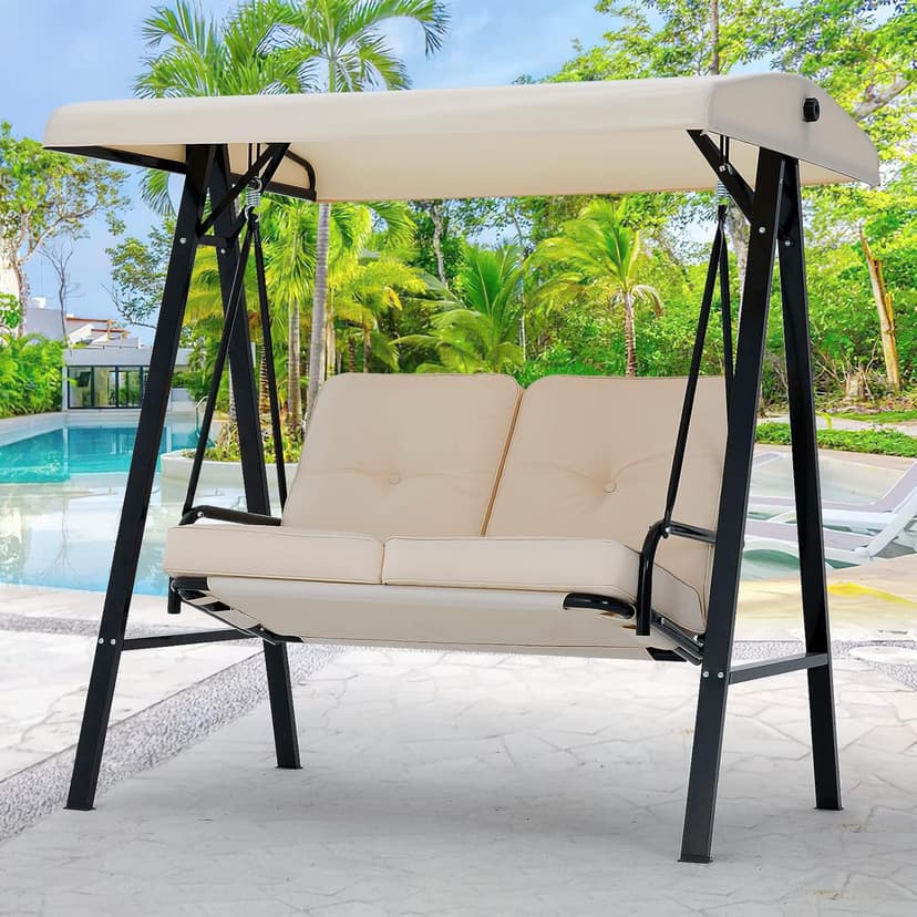 AECOJOY Outdoor Patio Swing Chair for Adults, 2-Seat Porch Swings with Adjustable Canopy, Outside Swing Bench with Removable Cushion, Suitable for Backyard, Garden, Yard, Poolside, Balcony (Beige)